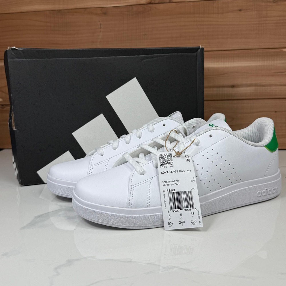 Adidas Advantage Base 2.0‎ Kids Sneakers White Green ID3889 Size 5.5 US